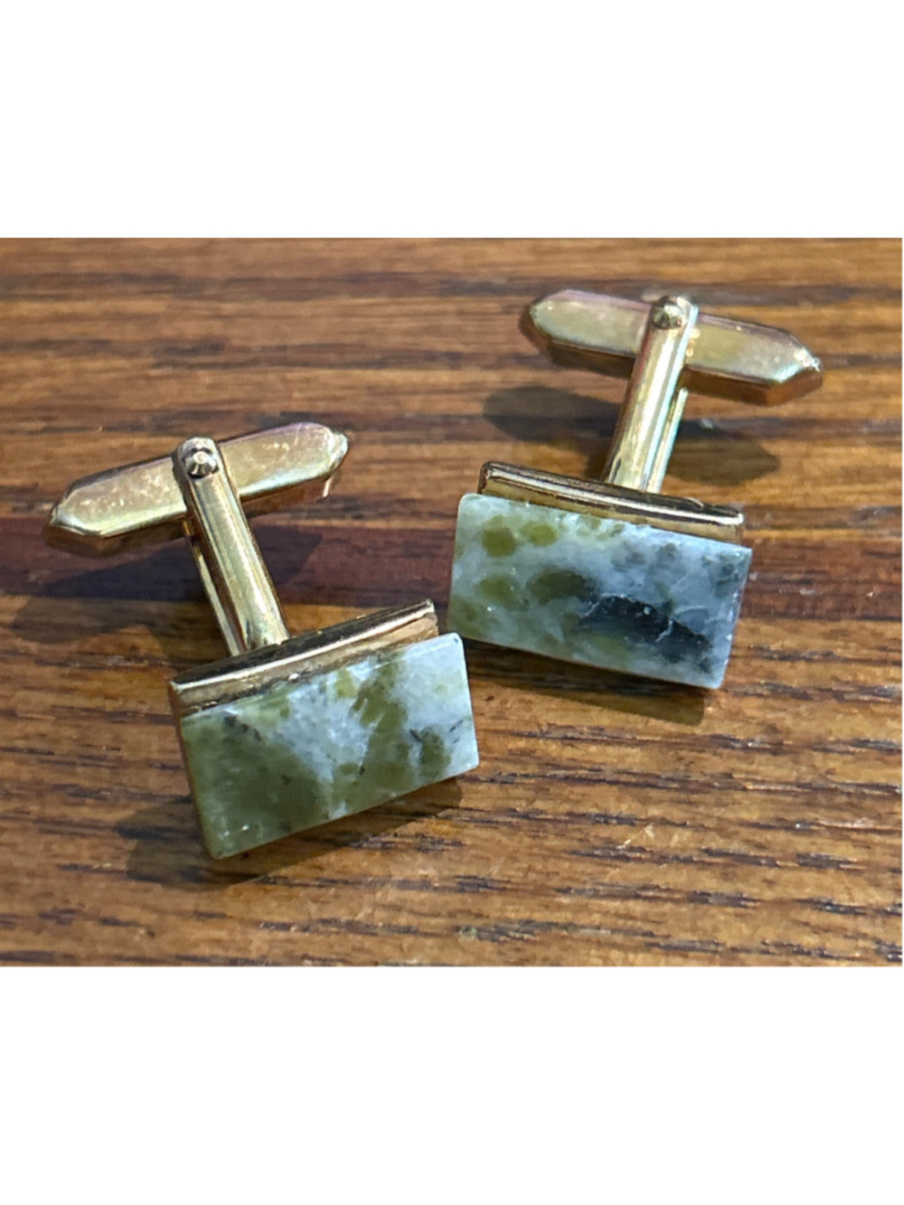 Men’s vintage gold-tone rectangular cufflinks featuring mottled green stone